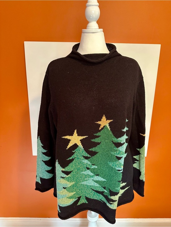 Coldwater Creek Sweaters - Coldwater Creek Vintage Christmas Tree Knit Sweater Mock Neck XXL Black